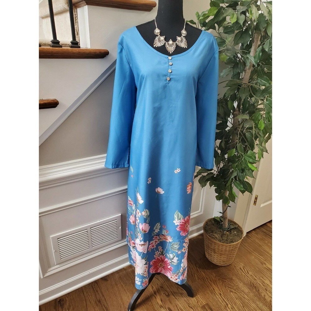 Blue Women's Floral Cotton Scoop Neck Maxi Dress